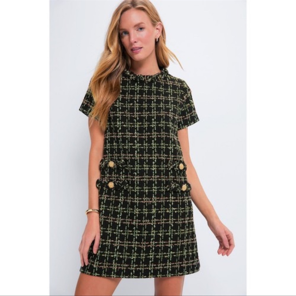 🆕 Tuckernuck Holly Tinsel Tweed Short Sleeve Jackie Shift Mini Plaid Dress XS